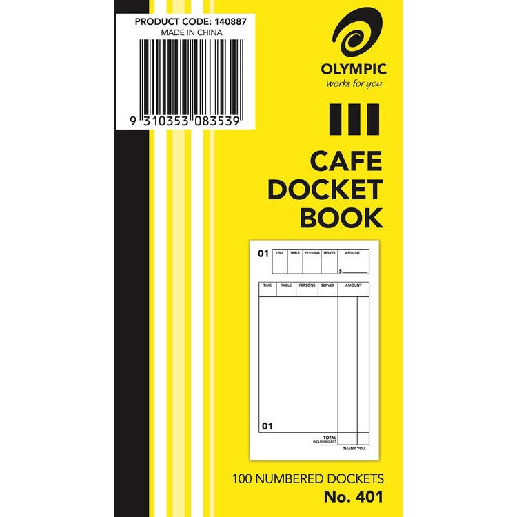 Yellow Olympic Cafe Docket Book No. 401 cover with product code 140887 barcode label, Made in China, and a sample numbered docket with time, table, persons and server boxes