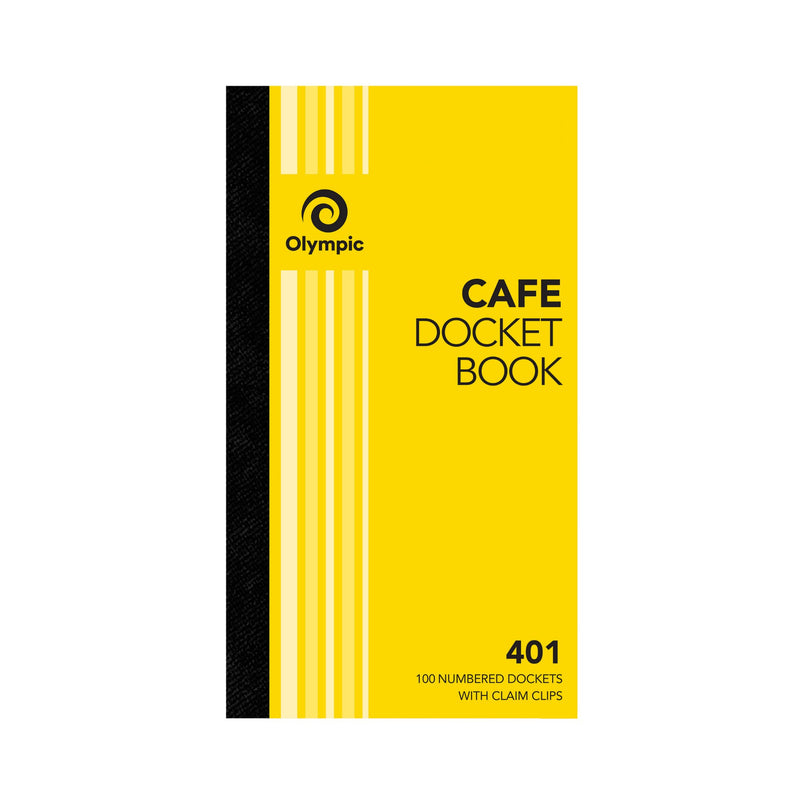 Plain yellow Olympic Cafe Docket Book cover with a black spine strip, printed 401 and 100 numbered dockets
