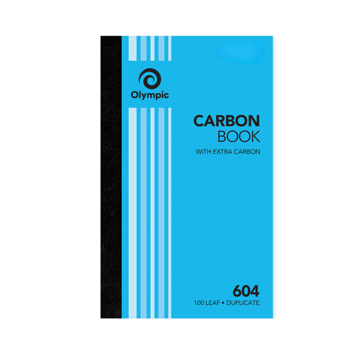 Blue Olympic carbon book cover reading Carbon Book with extra carbon, 604, 100 leaf duplicate, with light blue stripes down a black spine