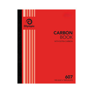 Red Olympic carbon book cover printed Carbon Book with extra carbon, 607 and 100 leaf triplicate, with peach stripes beside a black spine