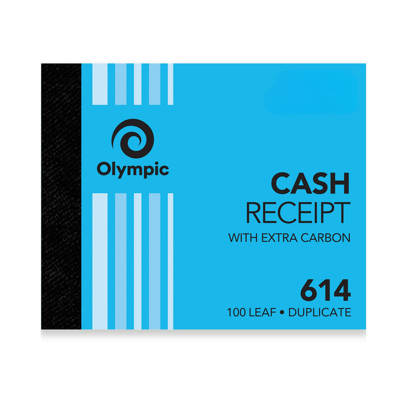 Olympic No. 614 cash receipt book in a landscape blue striped cover with black spine, printed With Extra Carbon and 100 Leaf Duplicate