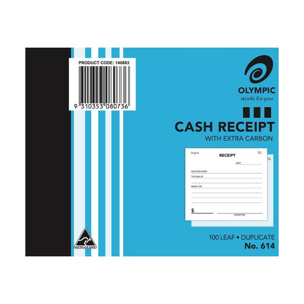 Earlier Olympic No. 614 cash receipt book cover in blue with a product code 140883 barcode label and a small sample receipt