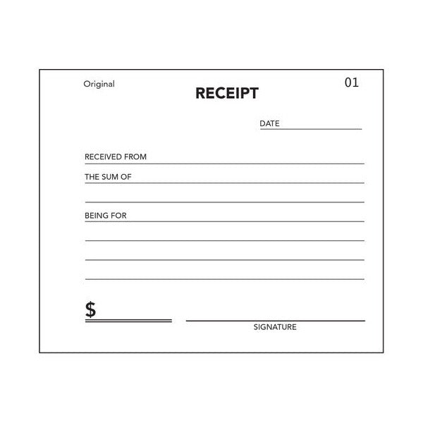 Olympic cash receipt form marked Original and numbered 01 with date, received from, the sum of, being for, a dollar box and a signature line