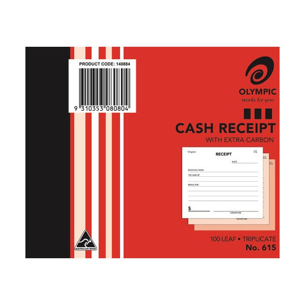 Earlier Olympic No. 615 cash receipt cover in red with a product code 140884 barcode label and a sample receipt with two coloured copies