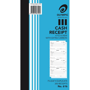 Olympic No. 616 cash receipt book in a tall blue striped cover, 4 to a view, with a product code 140885 barcode label and a sample page of four receipts