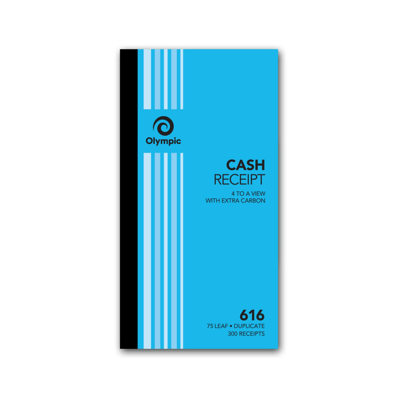 Olympic No. 616 cash receipt book blue cover with black spine printed Cash Receipt 4 To A View With Extra Carbon and 75 Leaf Duplicate 300 Receipts