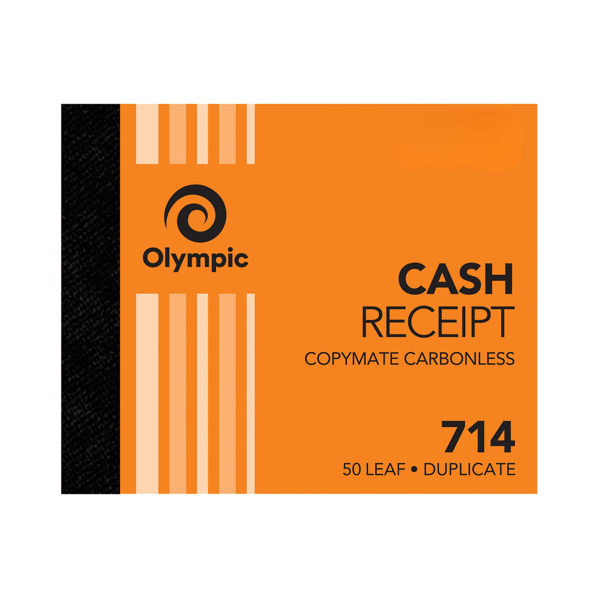 Olympic No. 714 cash receipt book in a landscape orange striped cover with black spine, printed Copymate Carbonless and 50 Leaf Duplicate