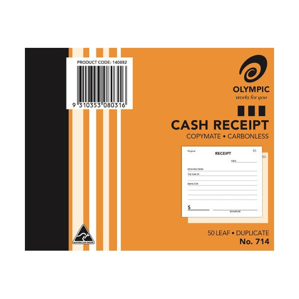 Earlier Olympic No. 714 cash receipt cover in orange with a product code 140882 barcode label and a sample receipt with a copy behind it