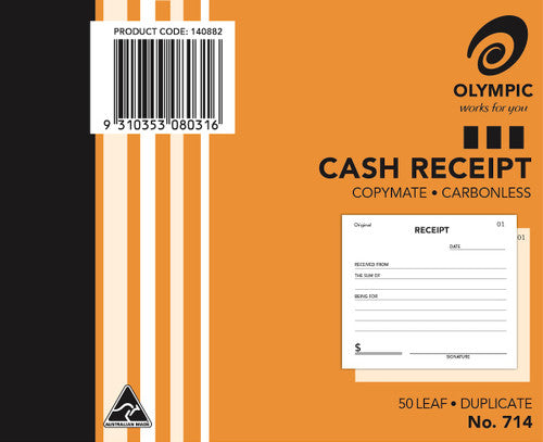 Olympic Cash Receipt Book 714 Carbonless Duplicate 50 Leaf 125x100mm - image 1