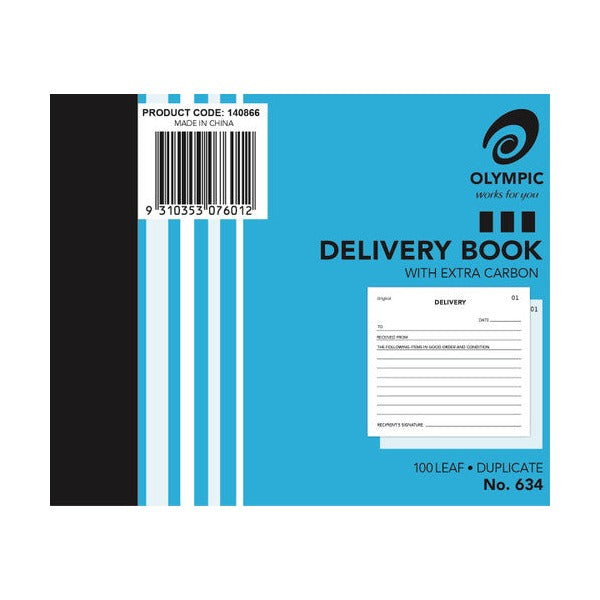 Blue Olympic Delivery Book with extra carbon cover, No. 634, 100 leaf duplicate, product code 140866 and Made in China above the barcode, with a sample docket