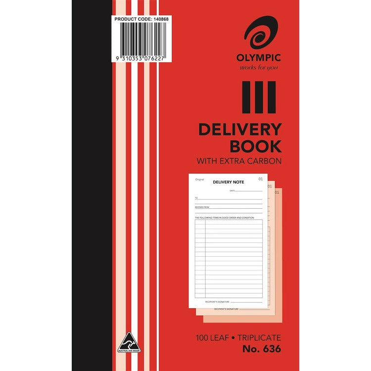 Earlier red Olympic No. 636 delivery book cover with product code 140868 barcode, a sample delivery note over two copies, 100 leaf triplicate