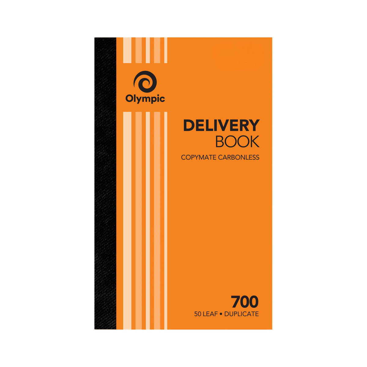 Olympic No. 700 delivery book with an orange striped cover and black spine, printed Copymate Carbonless and 50 Leaf Duplicate