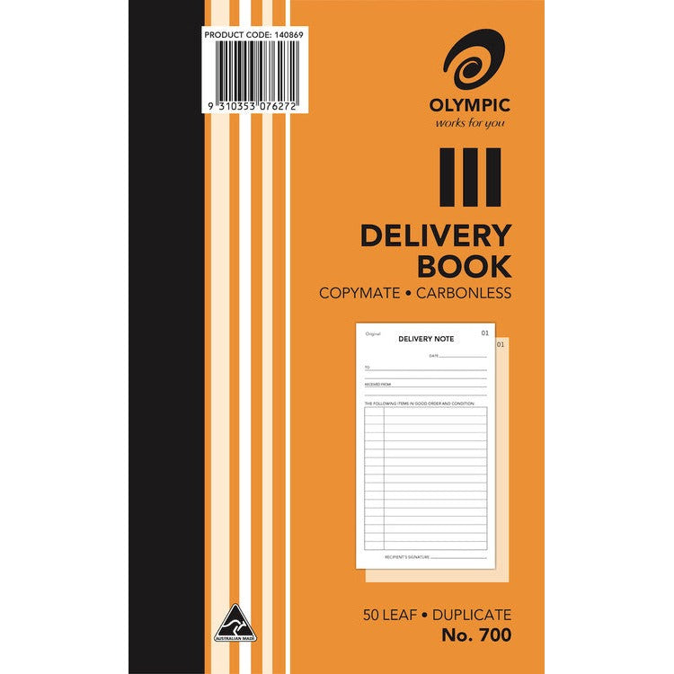 Earlier Olympic No. 700 carbonless delivery book cover in orange with a barcode label and a small sample delivery note printed on the front