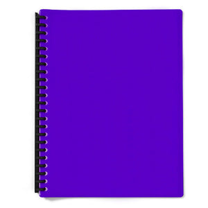 Olympic A4 display book with a bright purple translucent cover and a black multi-ring spine along the left edge, shown flat on white