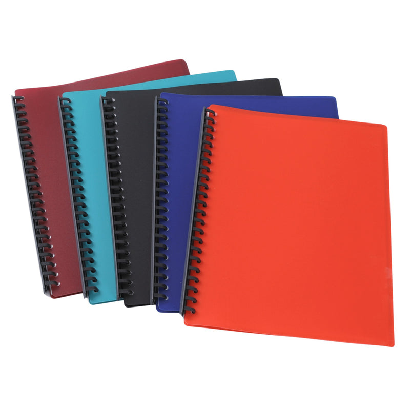 Five Olympic matt A4 display books fanned out in maroon, teal, black, blue and orange red, each with a black multi-ring spine