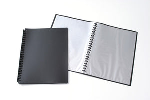 Two Olympic matt black A4 display books, one closed and one open showing clear film pockets on both sides of a black multi-ring spine