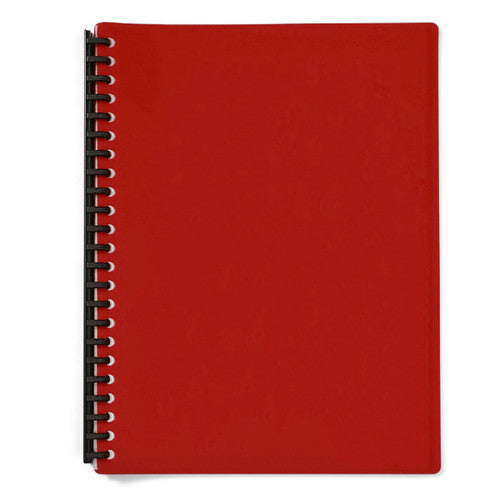 Olympic matt red A4 display book in a darker red tone, shown flat with its black ring binding down the left edge