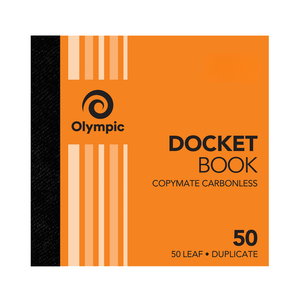 Olympic No. 50 docket book with an orange striped cover and black spine, printed Copymate Carbonless and 50 Leaf Duplicate