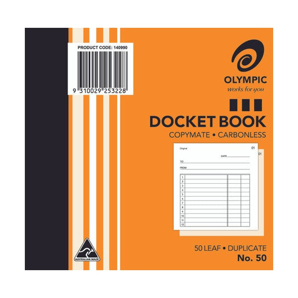 Earlier cover of the Olympic No. 50 carbonless docket book in orange, with a barcode label and a miniature docket printed on the front