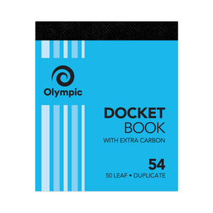 Olympic No. 54 docket book in blue with a black binding strip along the top edge, printed With Extra Carbon and 50 Leaf Duplicate