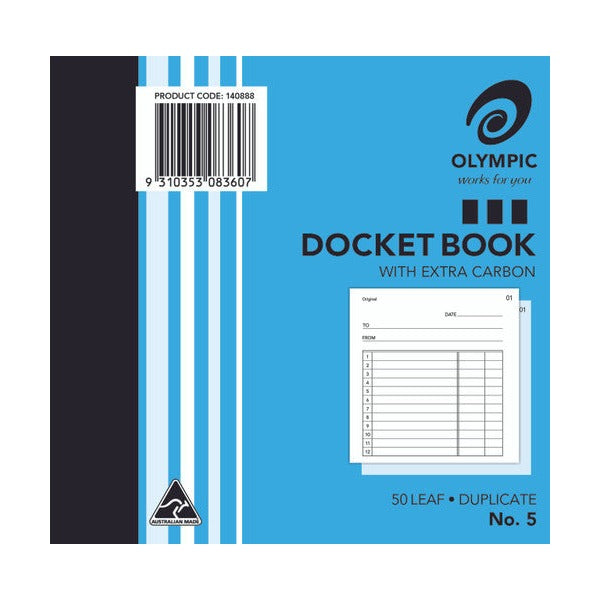 Earlier Olympic No. 5 docket book cover in blue with a product code barcode label and a small sample docket printed on the front
