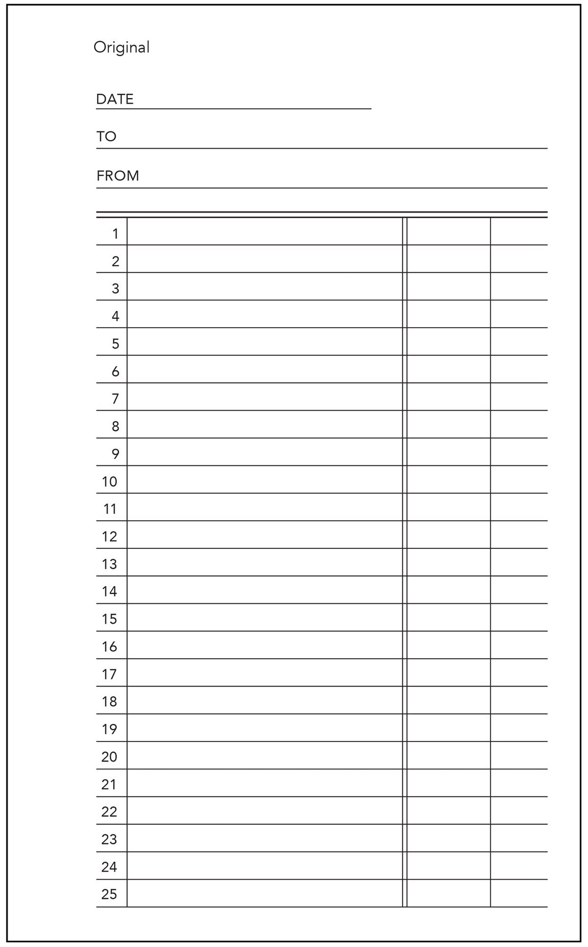 Blank Olympic No. 8 docket form with date, to and from lines above twenty five numbered lines in three columns