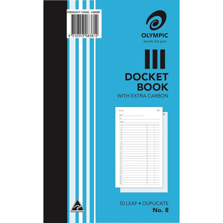 Earlier Olympic No. 8 docket book cover in blue with a barcode label and a small sample docket printed on the front