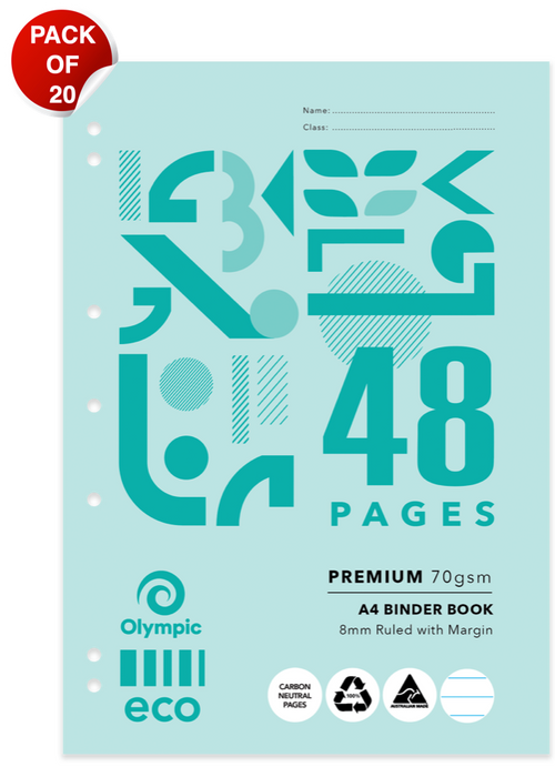 Pale teal Olympic Eco A4 binder book with a large 48 Pages print and a red Pack of 20 badge in the top left corner, punched holes along the edge