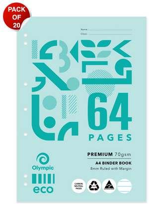 Olympic Eco A4 binder book with a pale teal cover, large 64 Pages print and a red Pack of 20 badge, with punched holes down the left side
