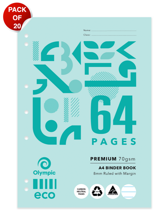 Olympic Eco A4 binder book with a pale teal cover, large 64 Pages print and a red Pack of 20 badge, with punched holes down the left side