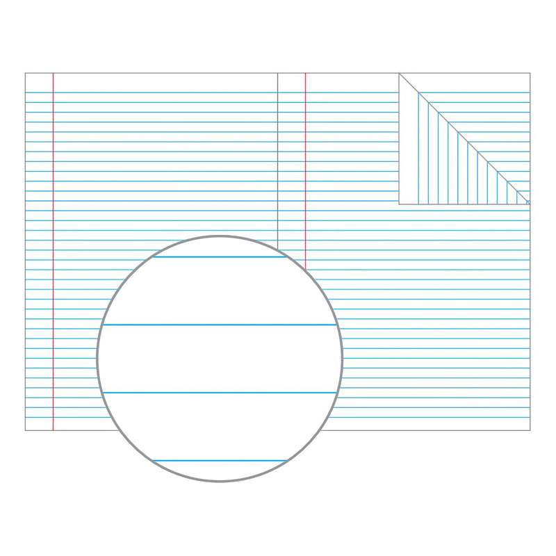 Olympic illustration of 8mm ruling, blue horizontal lines with a red vertical margin line and a magnified circle showing the line spacing