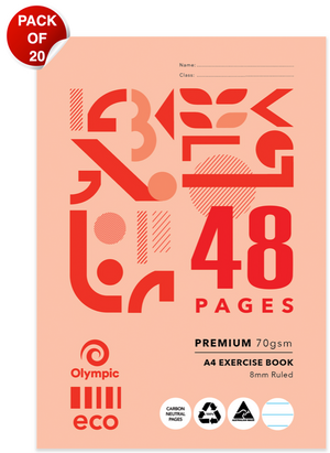 Front cover of the Olympic Eco A4 exercise book in peach with red geometric shapes, 48 Pages, Premium 70gsm and 8mm Ruled printed at the lower right