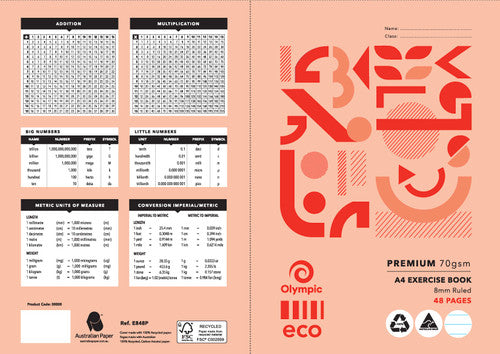 Flat artwork of the Olympic Eco 48 page book showing the back cover maths tables and conversion charts beside the peach front cover