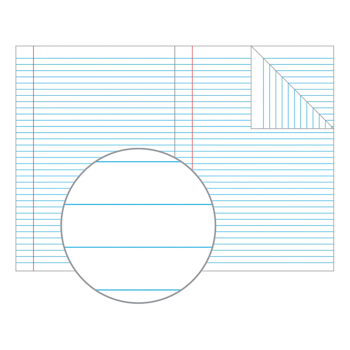 Olympic ruling illustration for the 8mm ruled book, blue lines across the page and a red margin line, with a magnified circle of the spacing