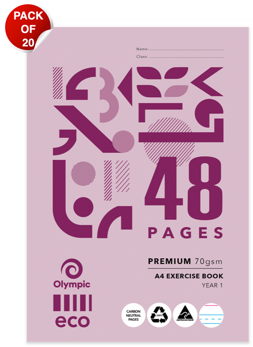 Olympic Eco A4 exercise book with a mauve cover and plum geometric artwork, 48 Pages and Year 1 printed on the front, with a Pack of 20 badge