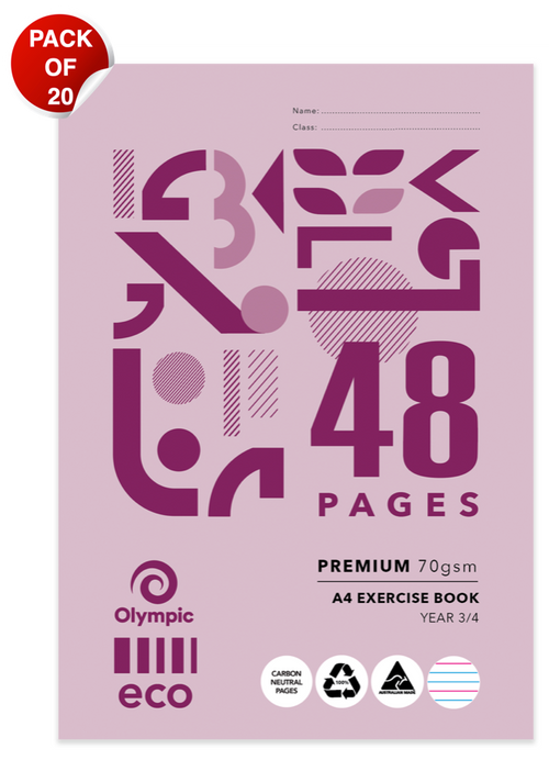 Olympic Eco Year 3/4 A4 exercise book, mauve cover with plum geometric shapes, 48 Pages in large type and a red Pack of 20 badge in the corner