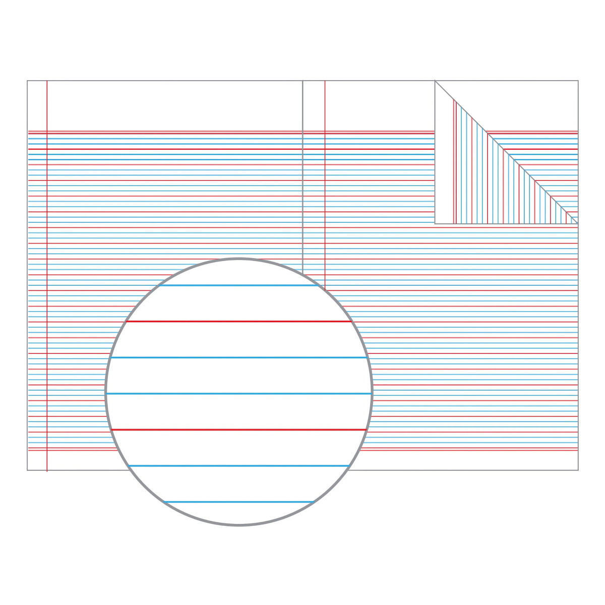 Olympic drawing of Year 3/4 QLD ruling on an open page, a red line after every two blue lines, a red margin and a magnified circle of the lines