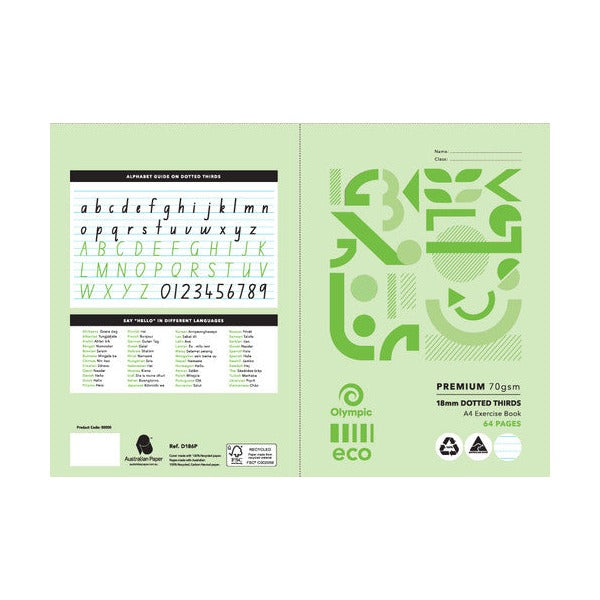 Flat artwork of the Olympic Eco 18mm dotted thirds book, back cover alphabet guide on dotted thirds and a hello in different languages panel