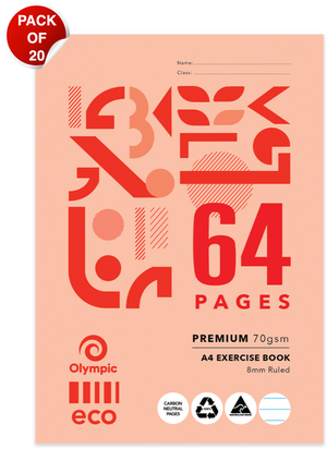 Olympic Eco A4 exercise book cover in peach with bold red 64 Pages lettering, Premium 70gsm and 8mm Ruled labels, and a Pack of 20 badge