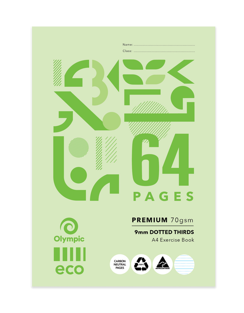 Front cover of the Olympic Eco 64 page A4 exercise book printed 9mm Dotted Thirds, light green geometric design on a dark background