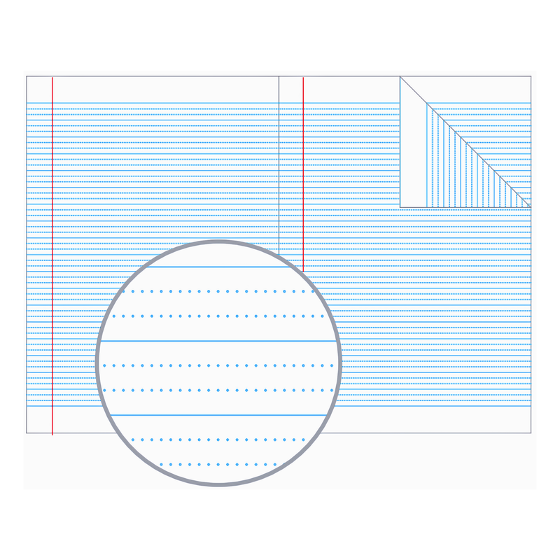Olympic drawing of 9mm dotted thirds on an open page, closely spaced solid blue lines each with two dotted guides between, and a red margin