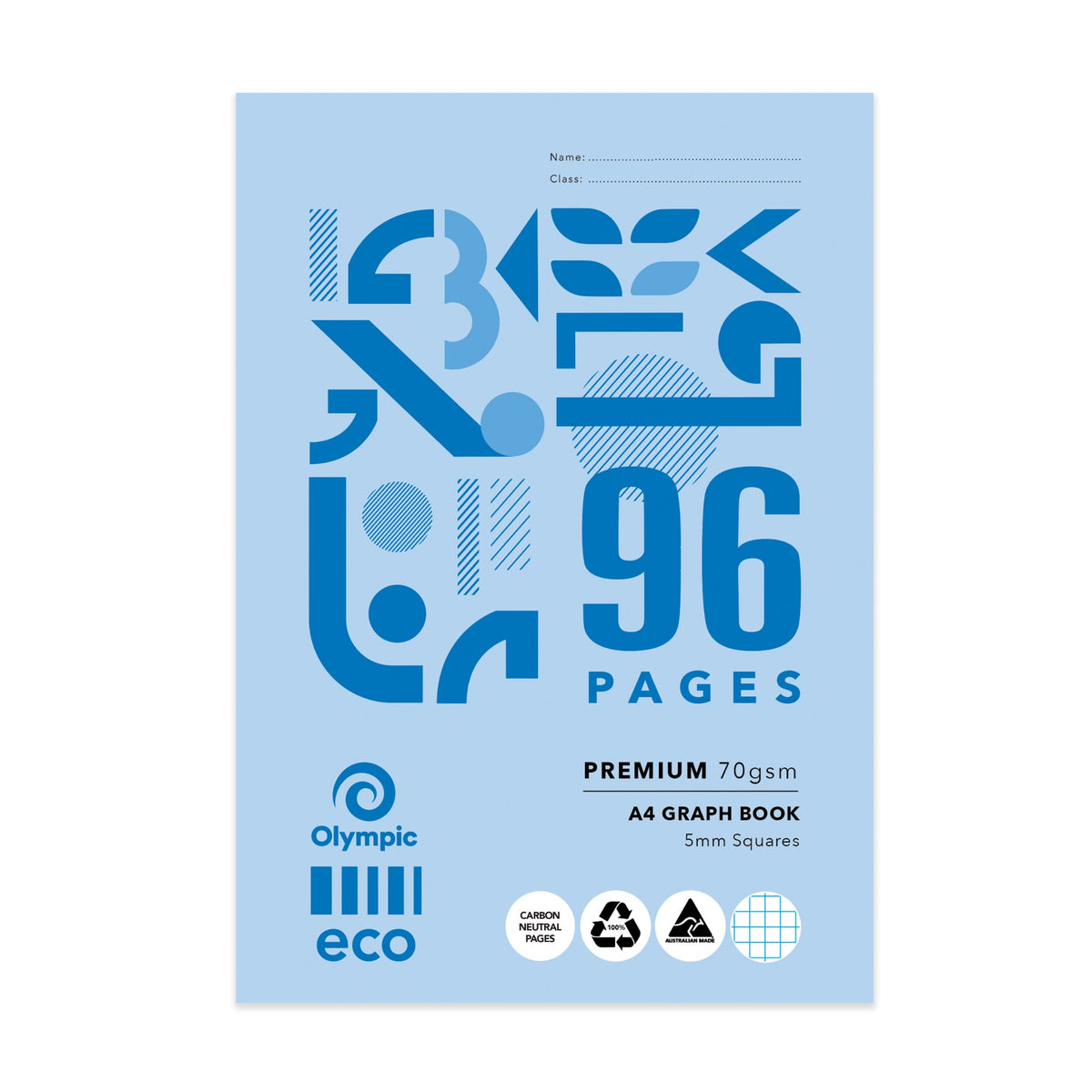 Olympic Eco A4 graph book with a light blue cover and blue geometric shapes, 96 Pages in large type, Premium 70gsm, A4 Graph Book and 5mm Squares