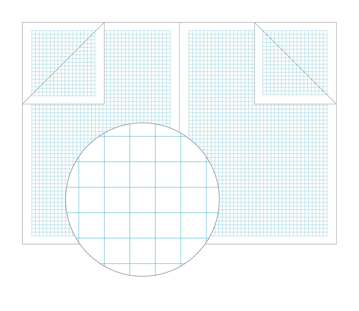 Olympic 5mm graph ruling diagram: an open A4 book covered in a fine blue square grid, with a magnified circle of the squares