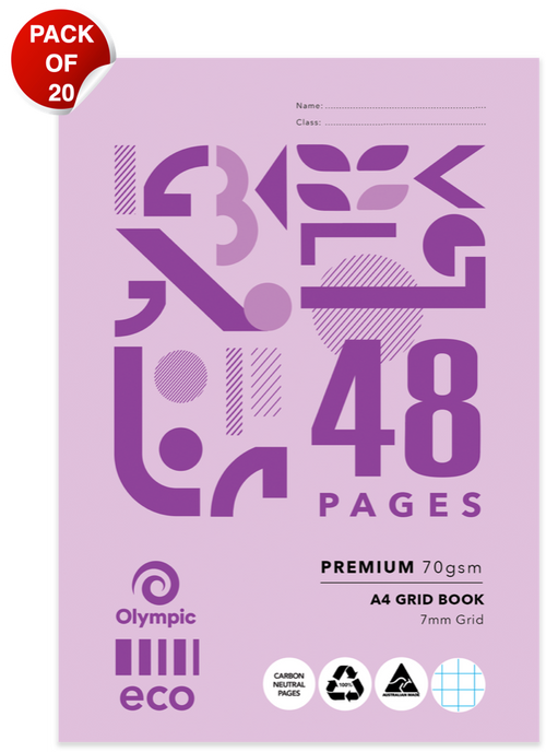Front cover of the Olympic Eco A4 grid book in lilac with purple shapes, 48 Pages, Premium 70gsm and 7mm Grid printed, with a Pack of 20 badge