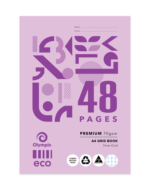 Olympic Eco A4 grid book front cover in lilac showing 48 Pages, A4 Grid Book 7mm Grid and Name and Class lines at the top