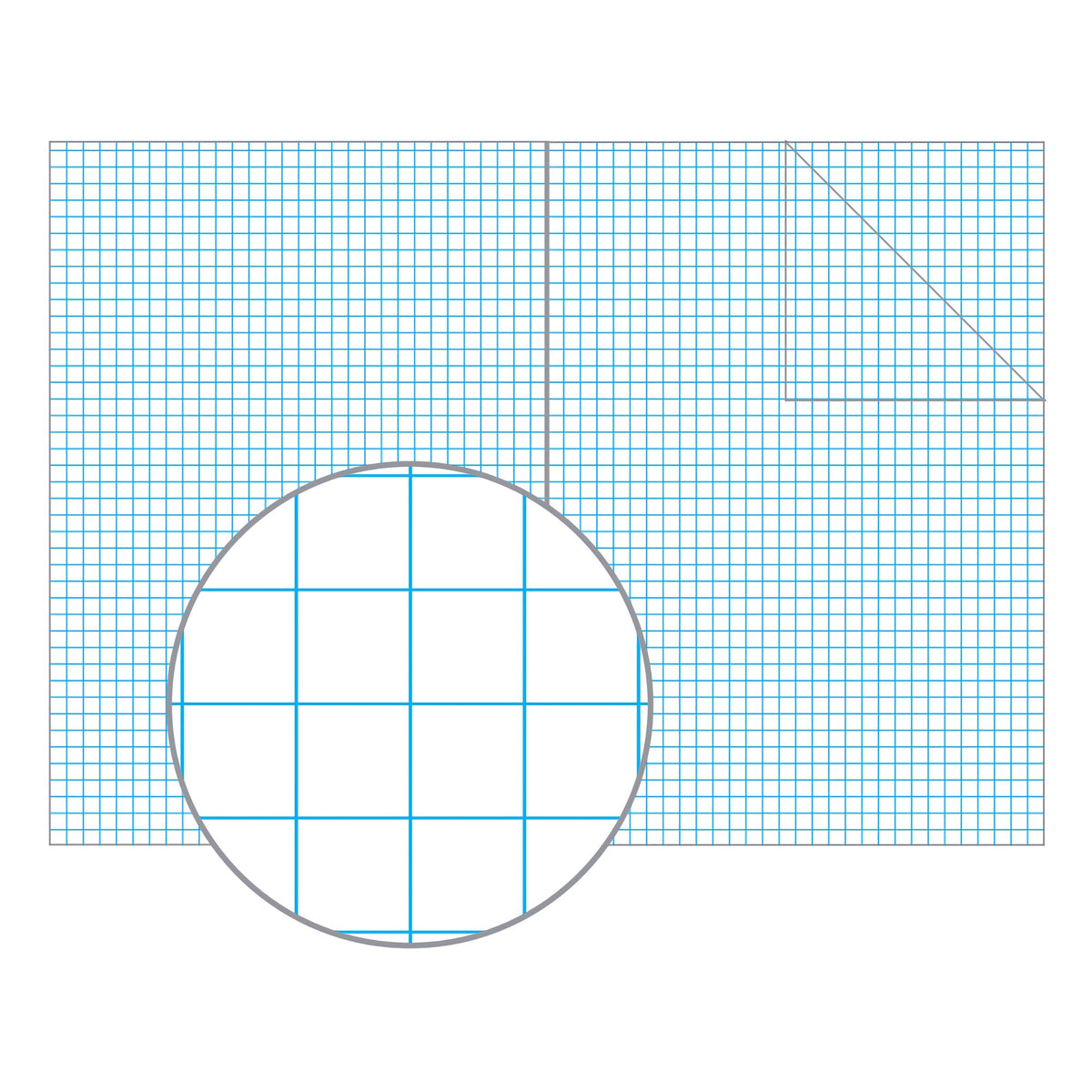 Illustration of an open Olympic grid book spread with light blue 7mm squares and a magnified circle showing the grid lines