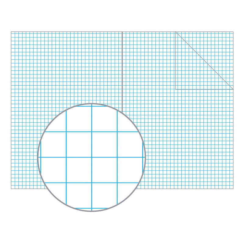 Illustration of an open Olympic grid book spread with light blue 7mm squares and a magnified circle showing the grid lines