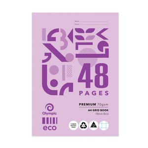Olympic Eco A4 grid book with a lilac cover and purple geometric artwork, 48 Pages in large type, Premium 70gsm, A4 Grid Book and 10mm Grid