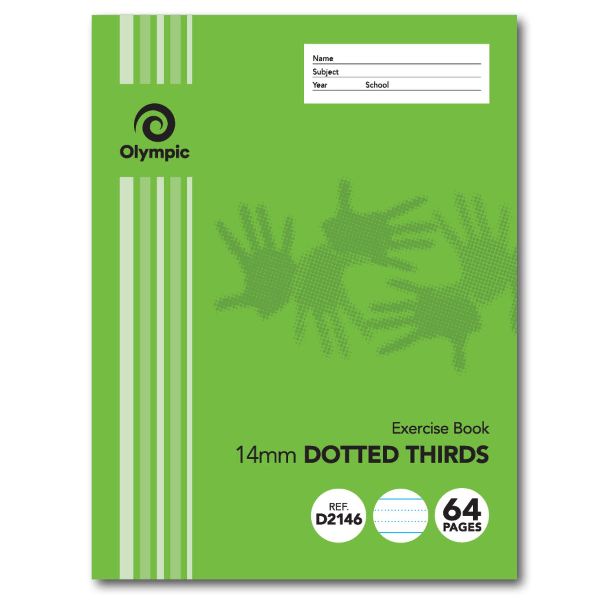 Olympic D2146 exercise book with a green hand print cover, labelled 14mm Dotted Thirds and 64 pages, and a white name, subject and year panel at the top