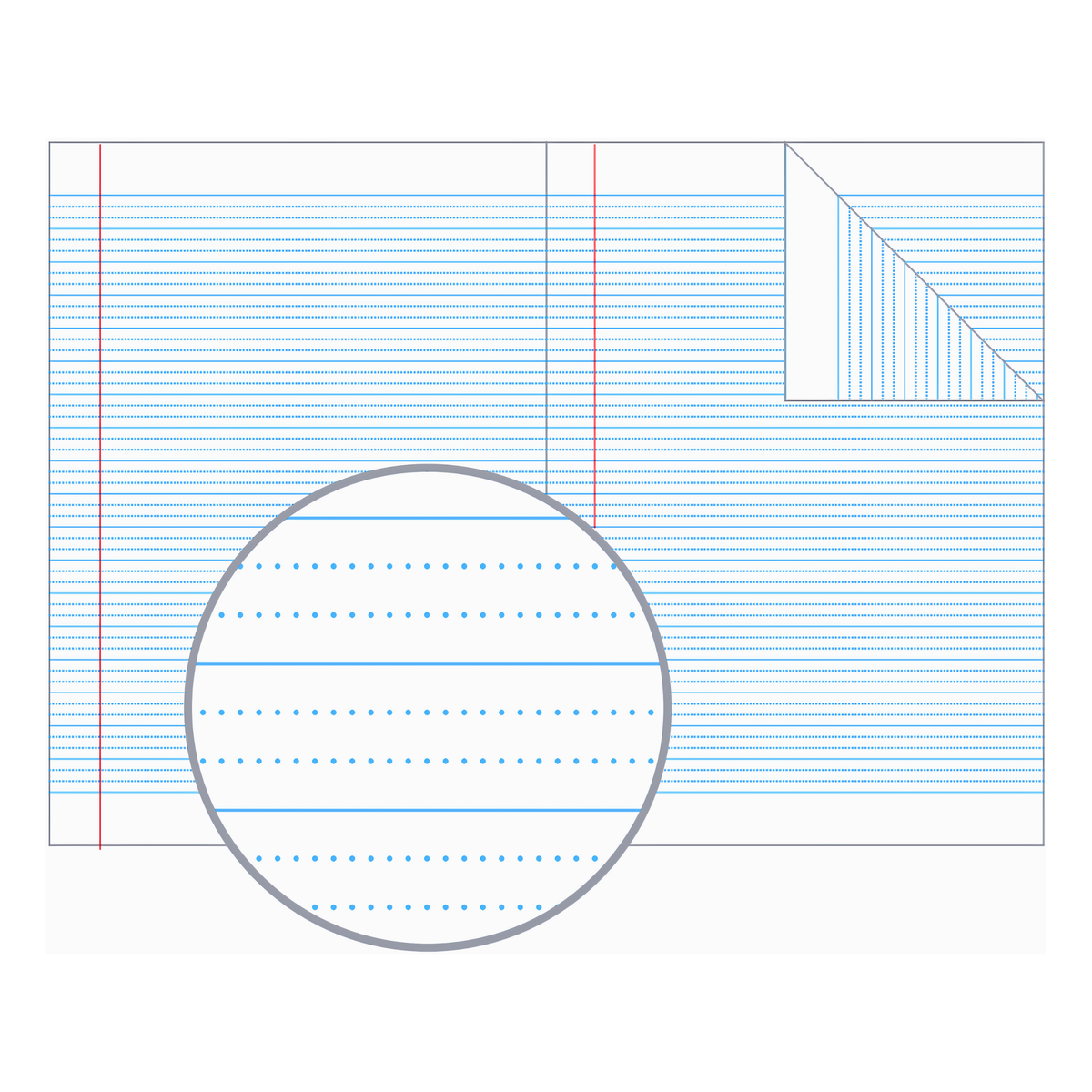 Olympic 14mm dotted thirds page illustration with blue ruled lines, dotted guides and a red margin on each page, magnified in a circle